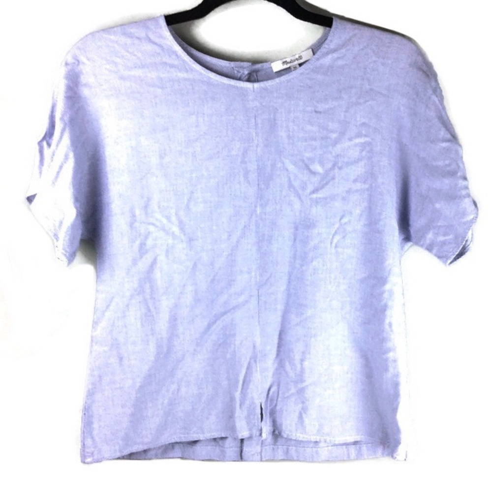Madewell Blue Striped Split Hem Button Back Short Sleeve Drape Viscose Top Sz XS